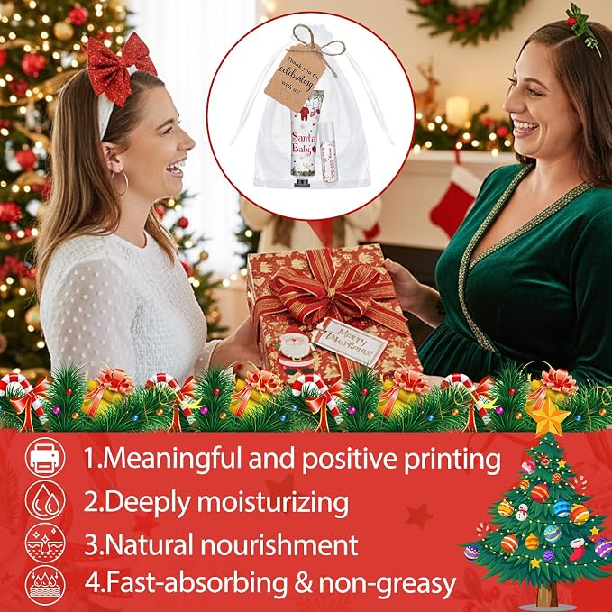 50 Sets 200 Pcs Christmas Santa Claus Baby Shower Gifts Bulk Hand Lotion and Lip Balm Gift Party Favors Travel Size Hand Lotion and Lip Balm with Organza Bags Tags