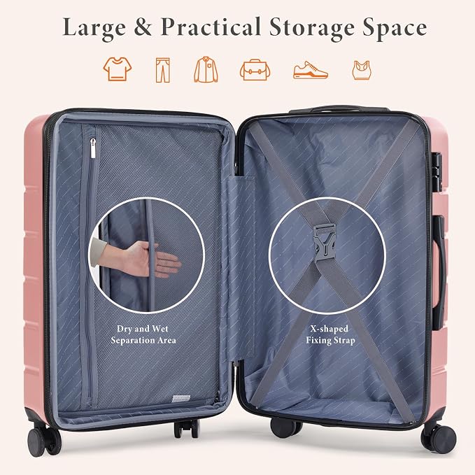 Sweetcrispy 20 Inch Carry On Luggage, Lightweight ABS Rolling Hard Shell Suitcase with Quiet Spinner Wheels, Built-in TSA Lock, Portable Travel Suitcase for Business Trip & Vacation Use, Pink