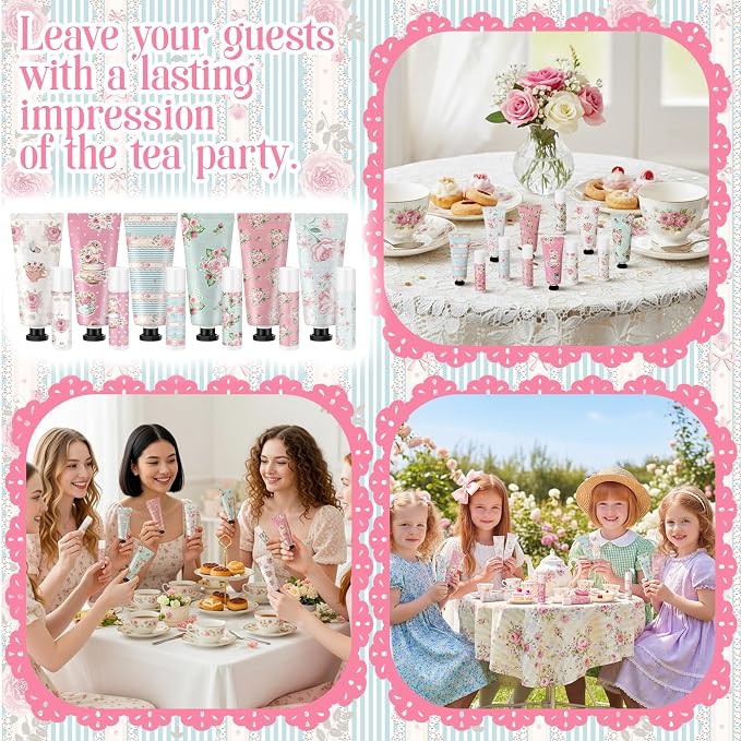 12 Sets Tea Party Favors Mini Hand Cream Lip Balm Bulk Gift Set for Women Wedding Party Favors for Guests Travel Size Hand Lotion Vintage Floral Moisturizing Lip Balm Gifts for Baby Shower