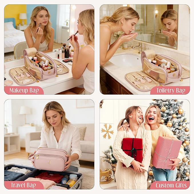 Gifts for Women Teen Girls Large Capacity Initial Travel Makeup Bag, 3-Compartment Cosmetic Organizer with Clear Brush Holders, Large Opening Waterproof Toiletry Bag, Pink,J
