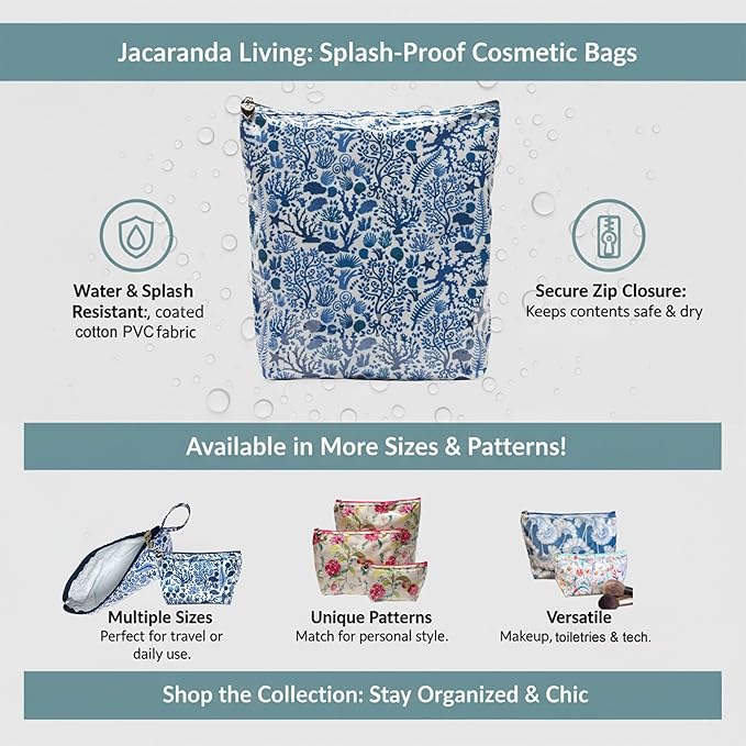 Jacaranda Living Extra Small Cosmetic Bag - Water-Resistant, PVC-Lined - Blue Seashells