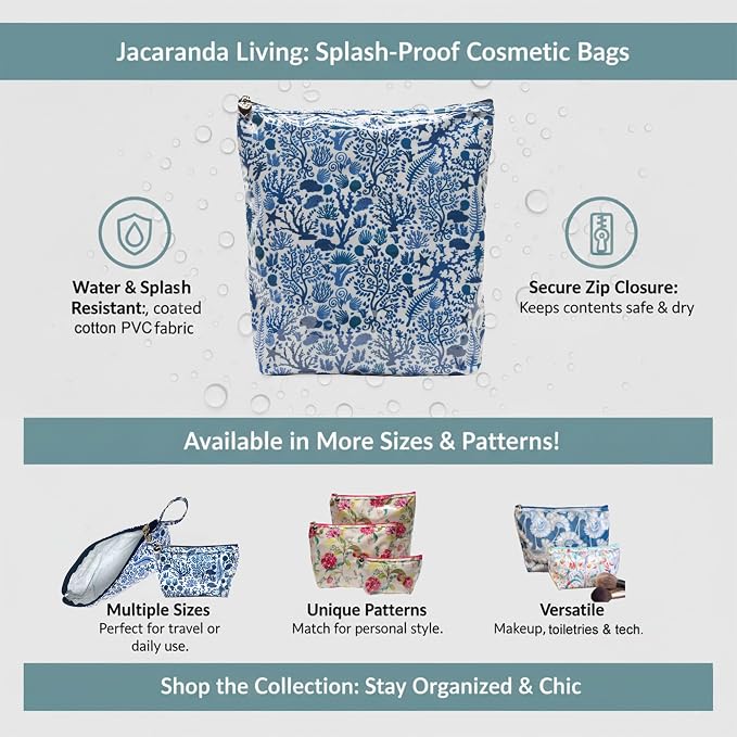 Jacaranda Living Large Cosmetic Bag – Water-Resistant Makeup & Toiletry Bag with PVC-Lined Interior, Travel Beauty Organizer, Blue Seashells