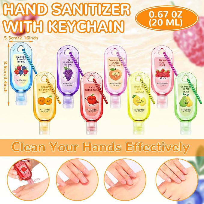 24 Pcs Funny Fruit Hand Sanitizer with Keychain Bulk Teacher Bact to School Gift Mini Travel Size Hand Sanitizer Gel 1oz with Clip Affirmation Pun Gift Women Coworker Nurse Friend Appreciation