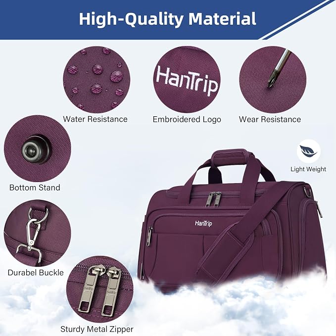 HanTrip Carry on Duffel Bag Foldable Duffle Bags for Travel, Under Seat Personal Item Bags for Airplanes, Weekender Overnight Mens Travel Tote Bag for Women Small Softside Carry on Luggage (Purple)