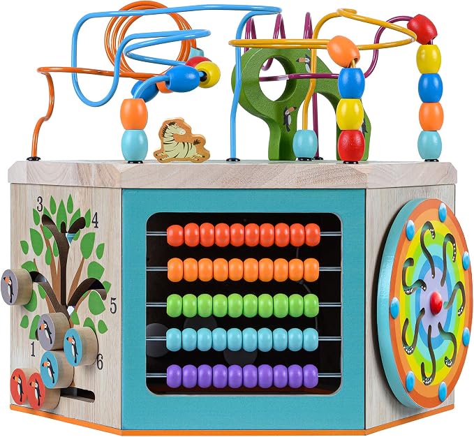 Teamson Kids Preschool Play Lab 7-in-1 Large Wooden Activity Cube Station Center Bead Maze and Counting for Kids Baby Toys, Natural | Large Station Center, Bead Maze, Counting for Kids Baby Toys, Natural