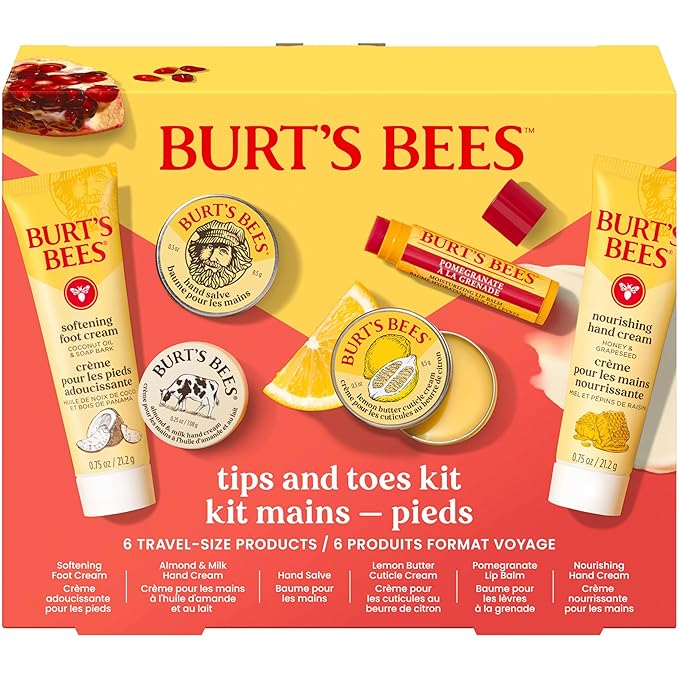 Burt's Bees Mothers Day Gifts Ideas, Tips and Toes Kit, 6 Travel Size Products - Pomegranate Moisturizing Lip Balm, 2 Hand Creams, Foot Cream, Cuticle Cream, and Hand Salve