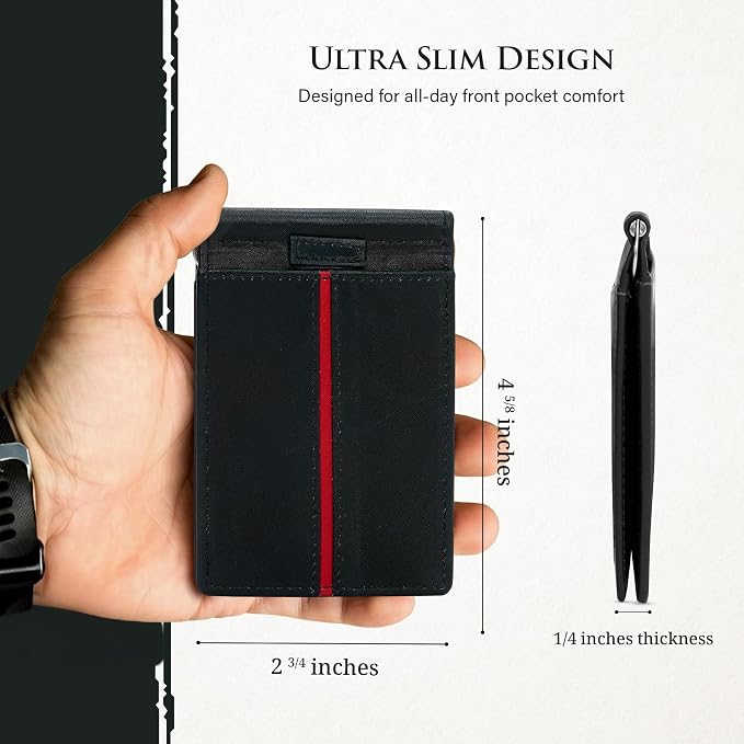 ROGUE WALLET Genuine Leather Minimalist Wallets - RFID Blocking with Money Clip - Interior & Exterior Card Pockets & More - Gift for Men (Red Line)