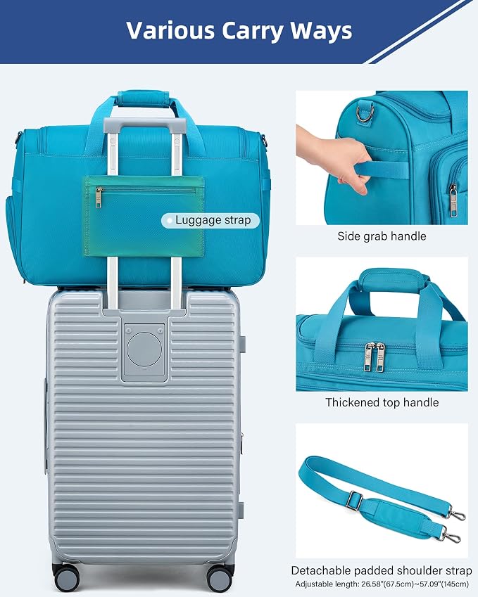 HanTrip Carry on Duffel Bag Foldable Duffle Bags for Travel, Large Personal Item Bags for Airplanes, Weekender Overnight Mens Travel Tote Bag for Women Softside Carry on Luggage (Caribbean Blue)