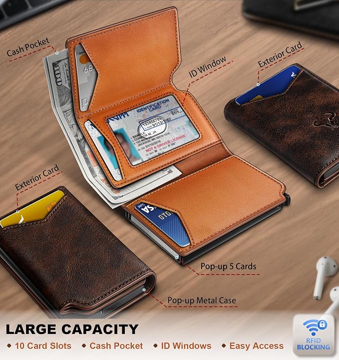 BULLIANT Men Wallet Leather Wallet Card Holders Money Clip for Men 10Cards-Magnetic Flip on Metal Case