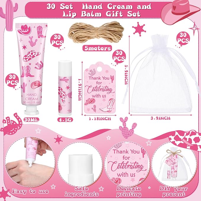 30 Sets Pink Cowgirl Hand Creams and Lip Balms Gift Bulk Western Bridal Shower Party Hand Lotion and Lip Balm First Rodeo Party Favors for Birthday Supplies