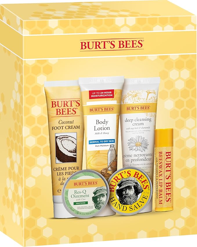 Burt's Bees Mothers Day Gifts Ideas - Timeless Minis Set, 6 Products - Beeswax Lip Balm, Coconut Foot Cream, Honey Body Lotion, Deep Cleansing Cream, Res-Q Ointment & Hand Salve