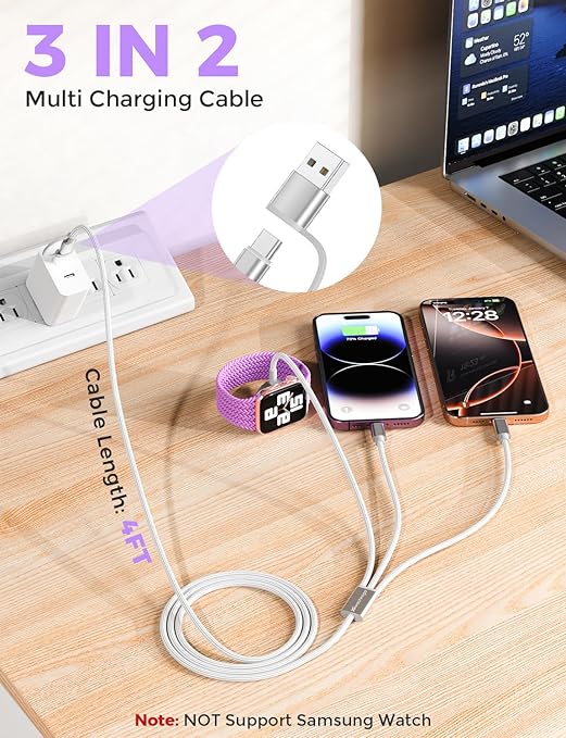 Travel Essentials for Apple Watch Charger,iPhone Charger,3 in 2 Type C/L/Magnetic Fast Charging Cable,Multi Charging Cable Portable Designed for iWatch Series,iPhone 17-11,Galaxy S26-S21,Car-2PCS