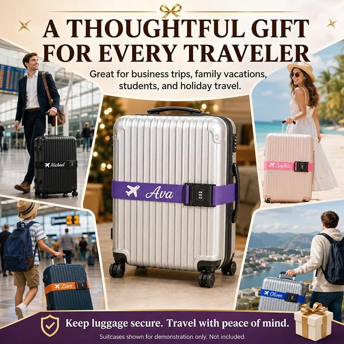 Personalized Luggage Strap with Combination Lock,8 Pcs Custom Embroidered Name Suitcase Belt, Heavy Duty Adjustable Travel Strap for Luggage Security and Easy Identification, Lockable Bag Belt