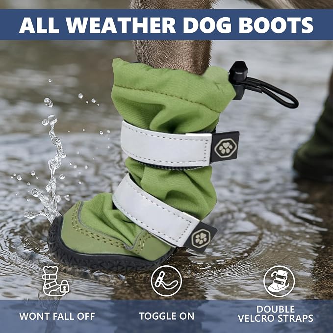 Spark Paws Dog Rainboots, Waterproof Dog Shoes for Medium to Large Dogs, Non Slip, Dog Booties and Paw Protectors - 4PCS Doggie Hiking Boots with Reflective Straps - Green, Size 5