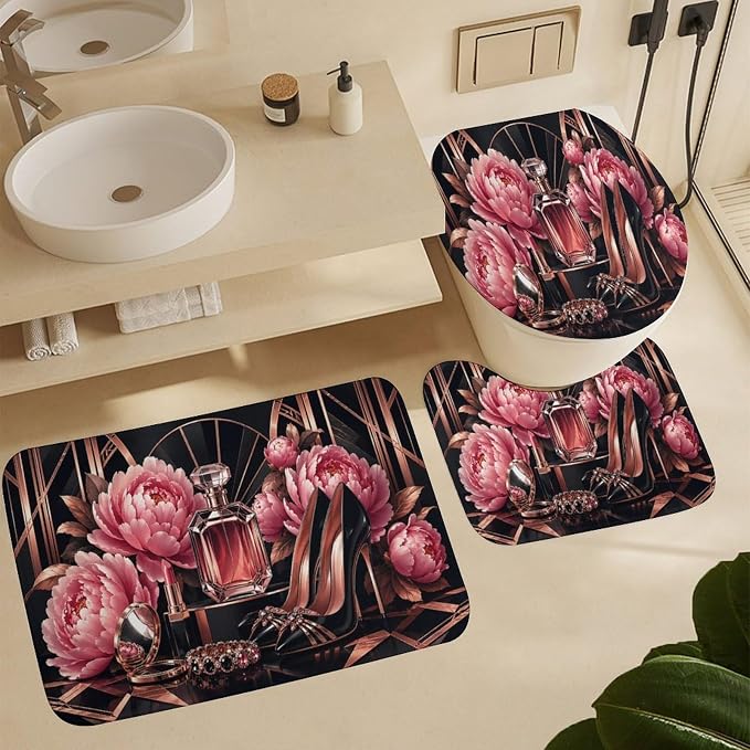 Floral Perfume Heels Jewelry Bathroom Rug Set 4 Piece with Shower Curtain Non Slip Bath Mat Set Microfiber Bathroom Decor Toilet Lid Cover U Shape Rug Waterproof Bathroom Accessories