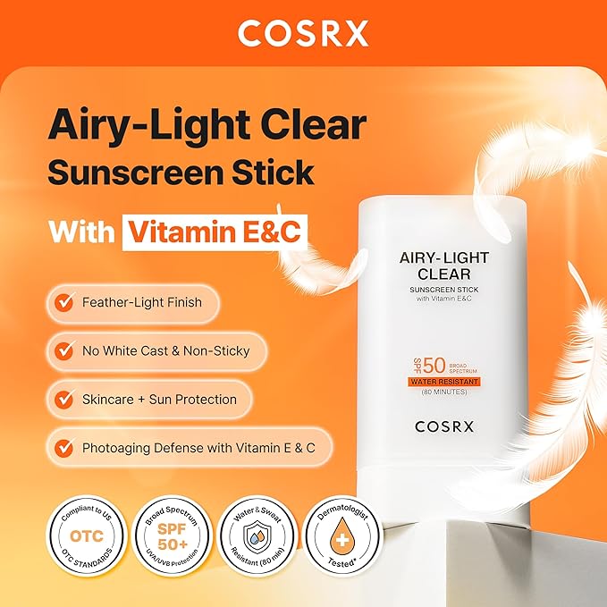 COSRX Vitamin E Sunscreen & Airy Light Clear Sunscreen Stick with Free Keyring, Amazon Exclusive, Korean Sunscreen, Beach Essentials, Travel Essentials, Korean Skincare Set Mothers Day Gifts for Woman