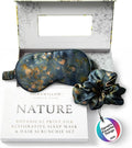 SILK & WILLOW - Botanical Print Pure Mulberry Silk Eye Mask & Scrunchie Gift Set, Luxurious Sleep Eye Mask & Hair Accessory Bundle, Durable Nature-Considerate Wellness Gifts for Women, Midnight