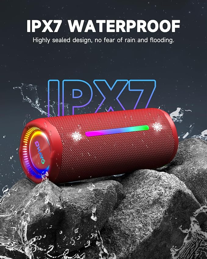 OHAYO Bluetooth Speaker, Portable Wireless, IPX7 Waterproof, Powerful 25W Sound, 24H Playtime, Dual Pairing, Active Bass, Colorful Lights, Bluetooth 5.3, Outdoor Speakers for Home/Party/Beach, Red