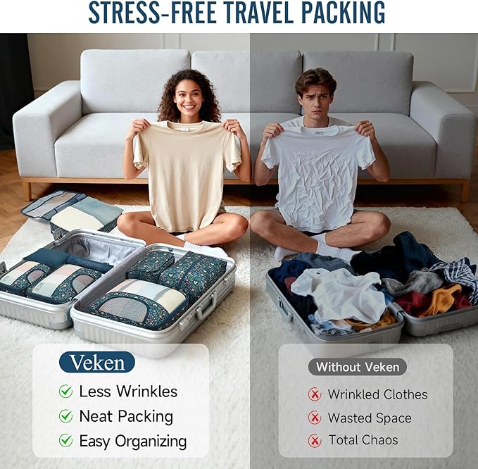 Veken 8 Set Packing Cubes for Travel Essentials, Suitcase Organizer Bags in 4 Sizes, Carry-On Luggage Accessories with Large Laundry Bag & Passport Holder, Must-Have for Airplane, Road Trip & Camping