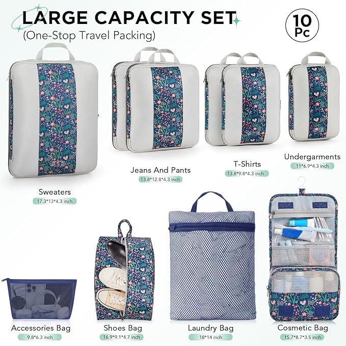 10 Set Compression Packing Cubes for Travel Essentials,Compressible Expandable Packing Cubes for Suitcase,OlarHike Luggage Garment Bags for Travel,Handy Helper for Organizing Clothes(Dark Blue Floral)