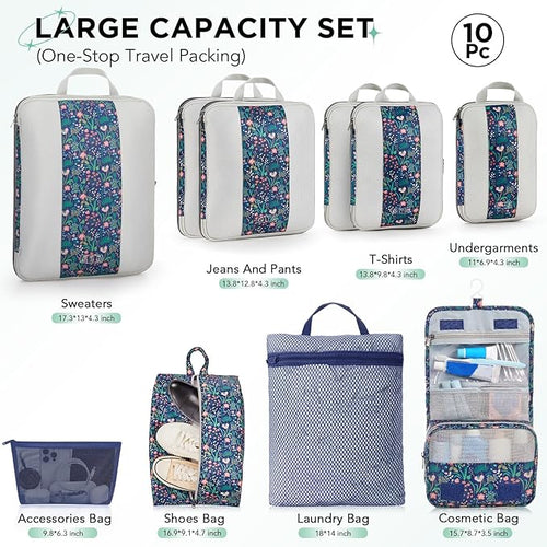10 Set Compression Packing Cubes for Travel Essentials,Compressible Expandable Packing Cubes for Suitcase,OlarHike Luggage Garment Bags for Travel,Handy Helper for Organizing Clothes(Dark Blue Floral)
