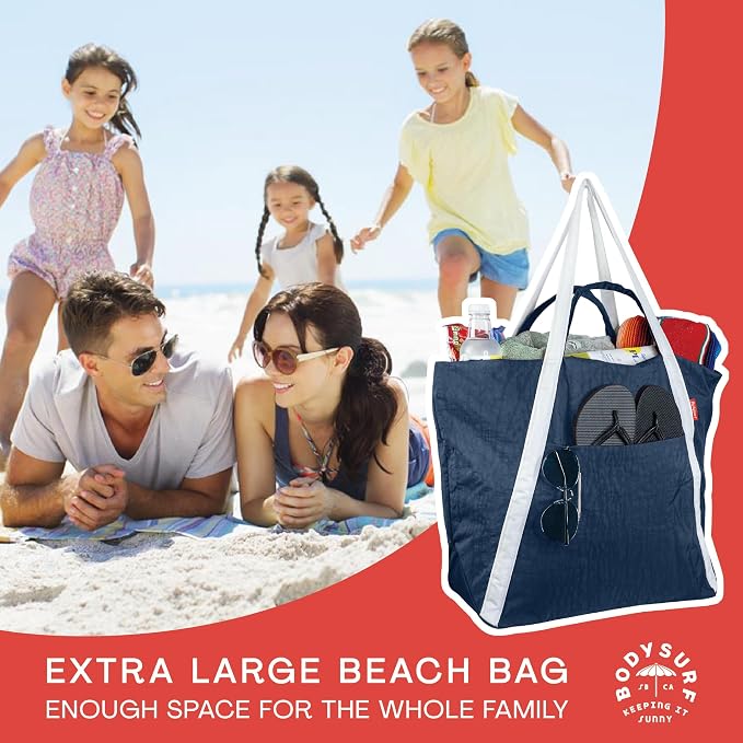 Bodysurf Beach Bags Waterproof Sandproof - Packable Foldable Nylon Zipper Tote Bag for Travel Lightweight, Pool, Boat, Cruise