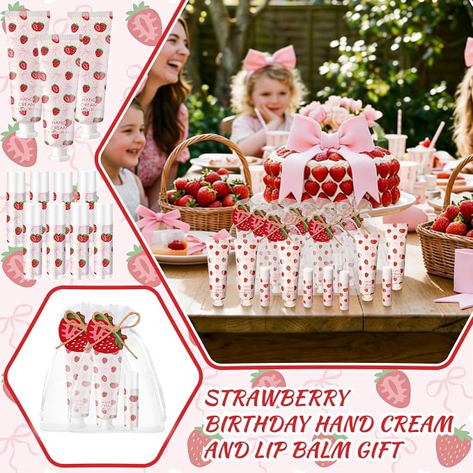 Lounsweer 24 Sets Pink Bow Strawberry Birthday Hand Cream and Lip Balm Gift Strawberry Bows Baby Shower Party Favor for Guest Travel Size Hand Lotion and Lip Balm Bridal Shower Birthday Party Supplies