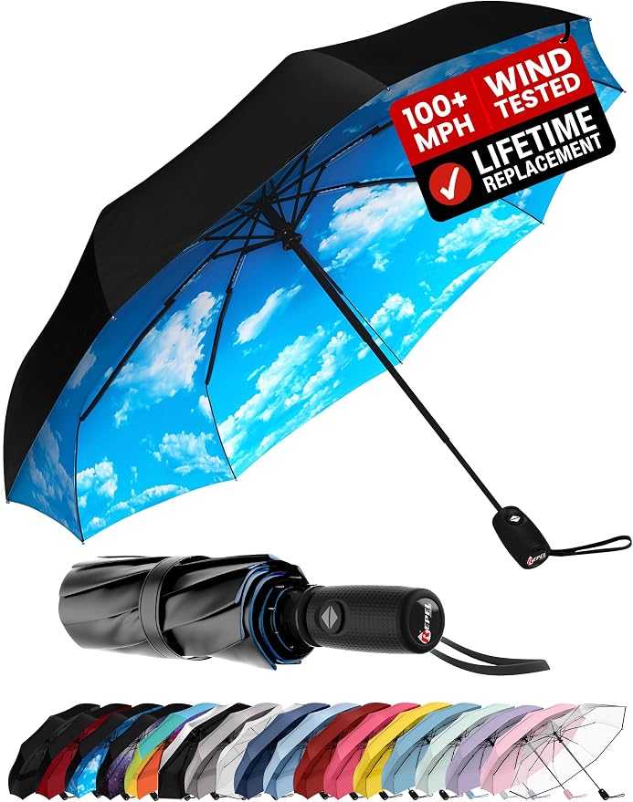 Repel Windproof Travel Umbrella - Compact & Withstands Winds up to 100MPH , Strongest Premium Auto Folding Umbrella for Rain and Sun - Durable, Light & Portable for Women & Men , Fits Backpack & Cars