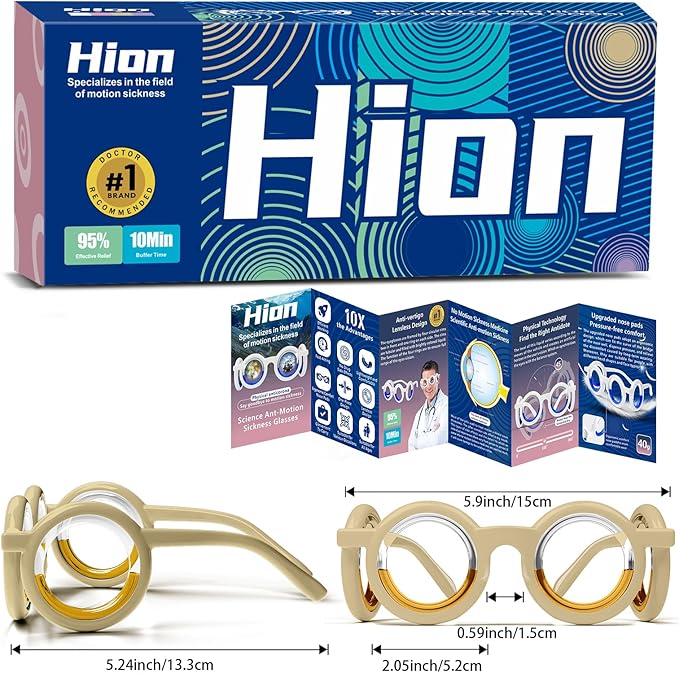 Hion Motion Sickness Glasses,Relieve Carsickness Airsickness Seasickness Glasses,Ultra-Light Portable Nausea Vertigo Glasses, No Lens Liquid Glasses for Adults or Kids(Cream-2Pairs)
