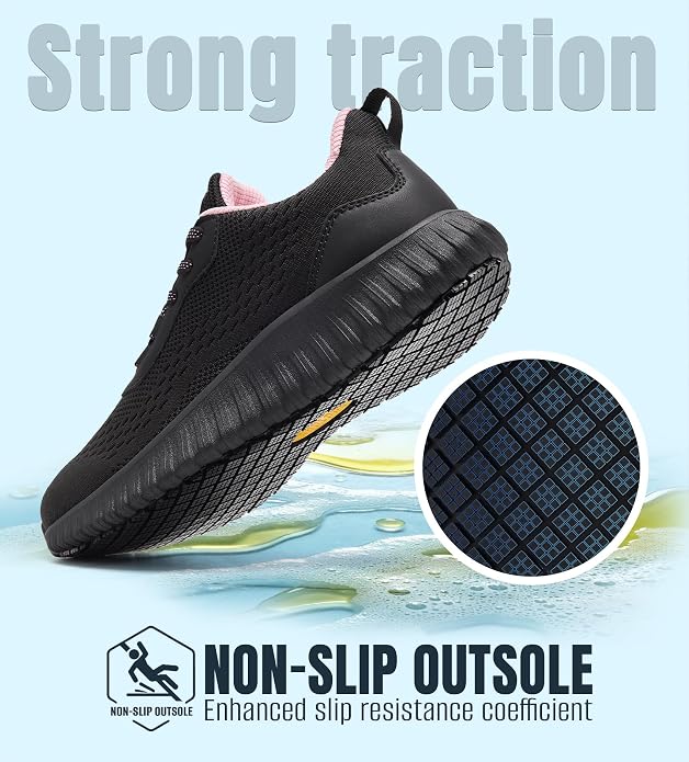 SHULOOK Women's Non Slip Work Shoes Slip-Resistant Kitchen Chef Restaurant Food Service Nurse Shoe Comfortable Mesh Breathable Walking Sneakers Black