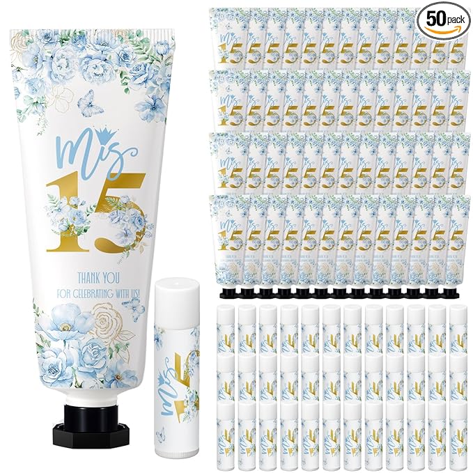 Leelosp 100 Pcs/50 Sets Blue Quinceanera Party Favor Gifts for Guests 15th Thank You Gifts Girl Hand Cream and Lip Balm Sweet 15th Birthday Party Favors for Guests