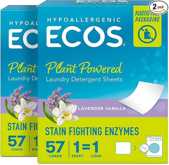 ECOS Laundry Detergent Sheets - Vegan, No Plastic Jug, No Mess & Liquid Free Laundry Sheets in Washer Hypoallergenic, Plant Powered Laundry Detergent Sheets - Lavender Vanilla 57 Count (Pack of 2)