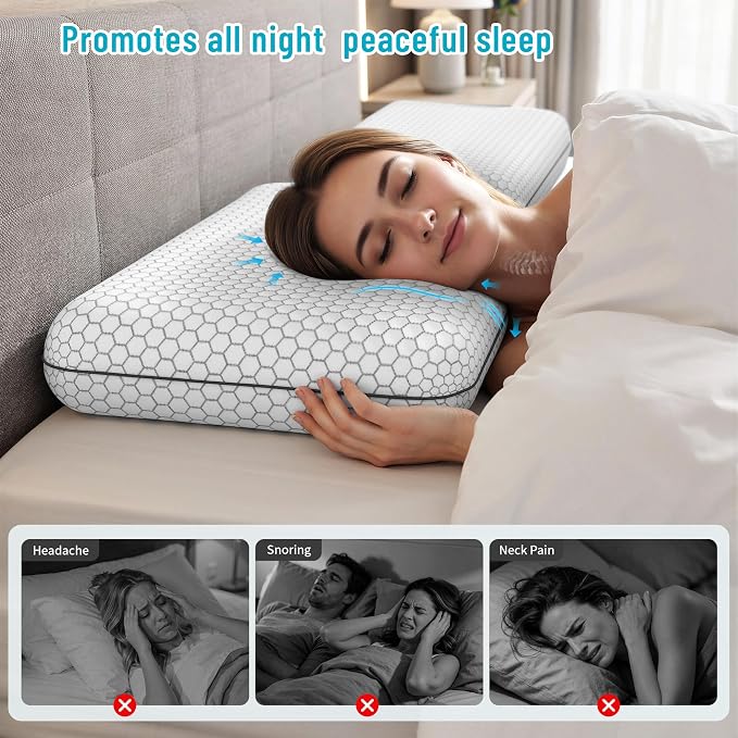 CushyOasis Memory Foam Pillows for Side, Back and Stomach Sleepers, Set of 2, Bed Pillow with Washable Cover and Breathable Mesh, Bed Pillow for Sleeping (Light Grey，King Size)