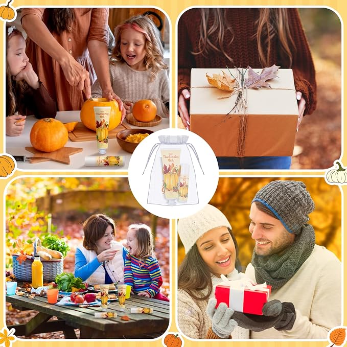 30 Sets Thanksgiving Fall Hand Cream and Lip Balm Set Pumpkin Friendsgiving Hand Cream Bulk Mini Pumpkin Lotion Travel Size with Organza Bag Tag for Thanksgiving Friends Giving Party Favor