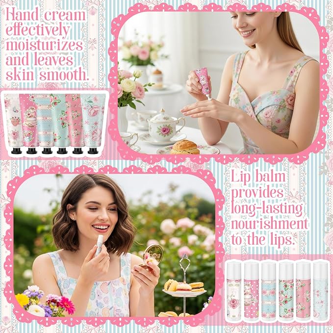 24 Sets Tea Party Favors Mini Hand Cream Lip Balm Bulk Gift Set for Women Wedding Party Favors for Guests Travel Size Hand Lotion Vintage Floral Moisturizing Lip Balm Gifts for Baby Shower
