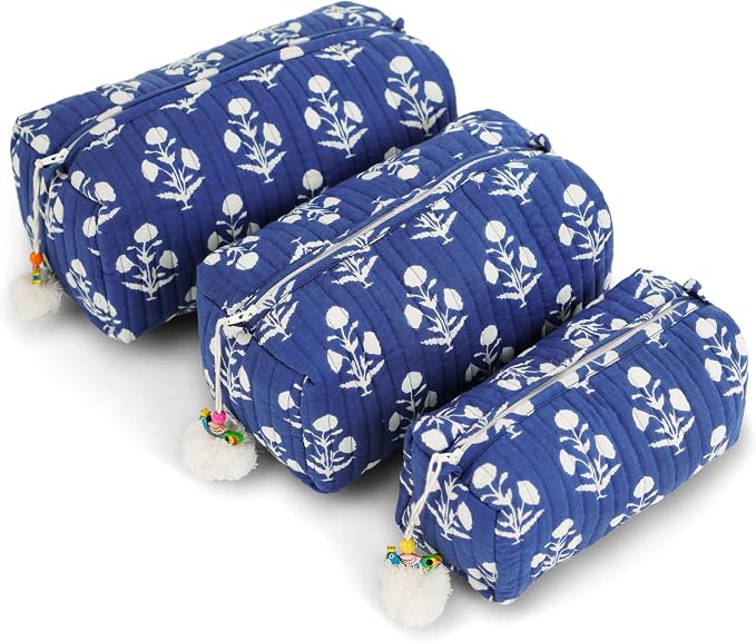 Saffron Marigold Quilted Makeup Bag Set of 3, Hand Block Printed Cotton Cosmetic Bags for Women, Waterproof Lined Travel Toiletry Bag, Coquette Floral Aesthetic, Handmade Gift, Fleur De Nuit