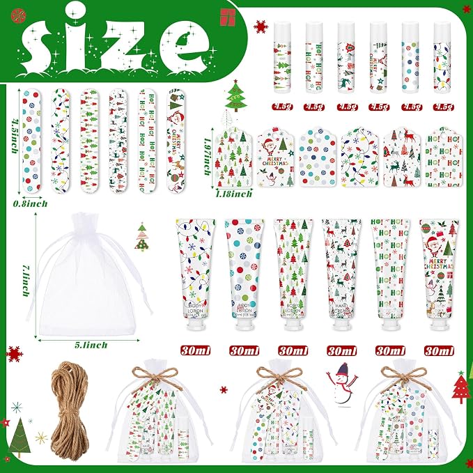 6 Sets/36 Pcs Christmas Party Favors Christmas Hand Cream Body Lotion Lip Balm Nail File Gifts Set Xmas Stocking Stuffers Travel Size Lotion Bulk Holiday Party Supplies for Coworkers Women Adults