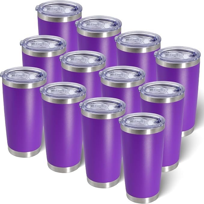 AIANJI 20oz Tumbler Bulk Stainless Steel Tumblers with Lid Vacuum Insulated Double Wall Travel Coffee Mug Powder Coated Tumbler Cup for Hot and Cold Drinks(Purple, 12 pack)
