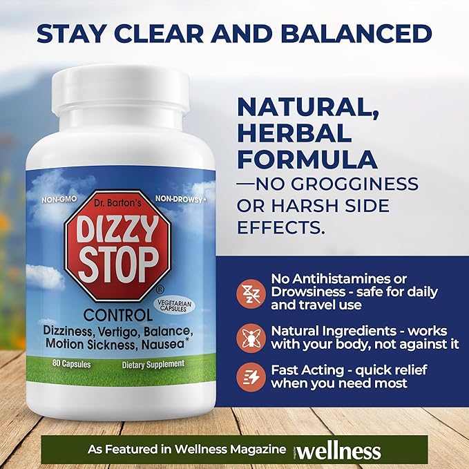 Dizzy Stop Dr. Barton's Vertigo Relief Products with Ginger and Grape Seed - Non-Drowsy Motion Sickness Pills for Dizziness Relief and Inner Ear Balance - (80 Count – Pack of 2)