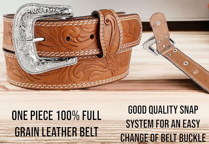 F&L CLASSIC mens Western full grain Leather belt Strap w/Snaps for Interchangeable Buckles, USA,