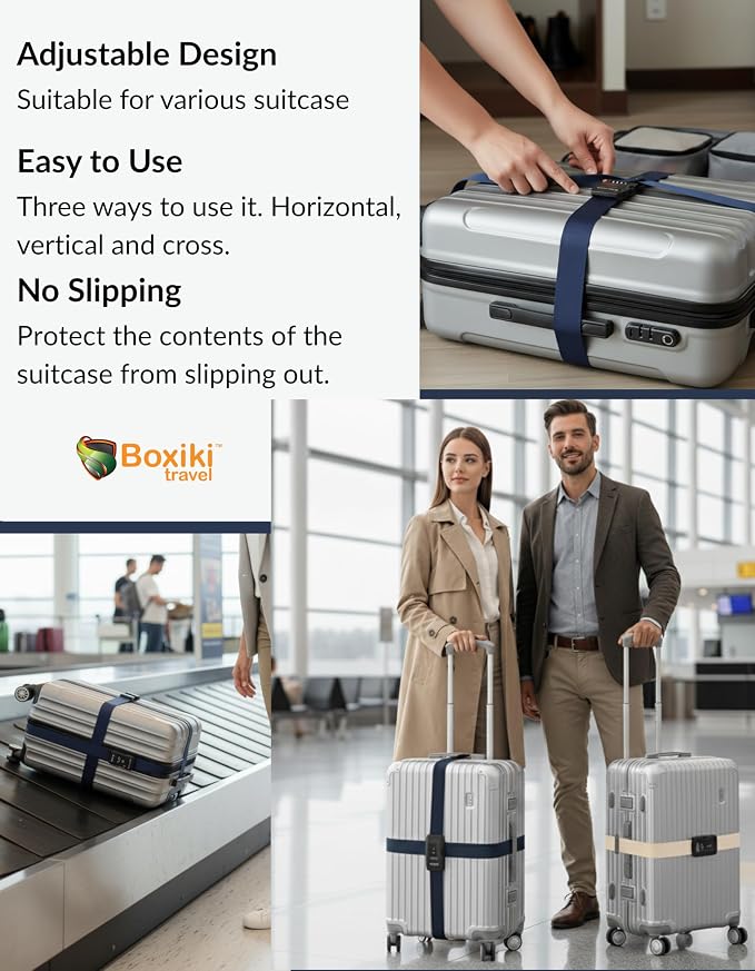 Charcoal Grey TSA Approved Luggage Straps Set of 2, Precision-Engineered Adjustable Suitcase Belts with 3-Dial Combination Lock, Heavy-Duty Polyester Travel Belt Fits Checked Bags and Carry-On