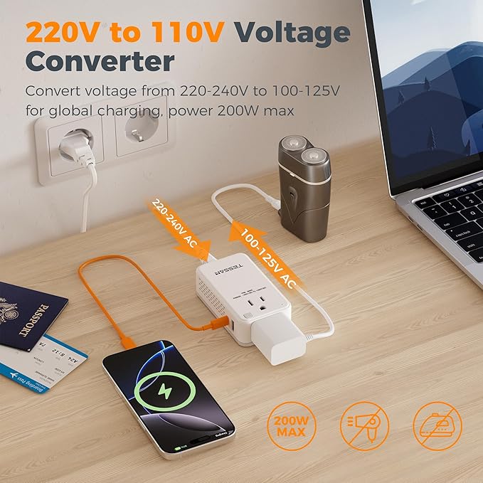 TESSAN Compact 220V to 110V Voltage Converter US to Europe, Universal Travel Adapter with 2 AC Outlets and 2 USB (1 USB-C), 200W Small Power Converter with EU/UK/AU/IT/India Plugs for Travel