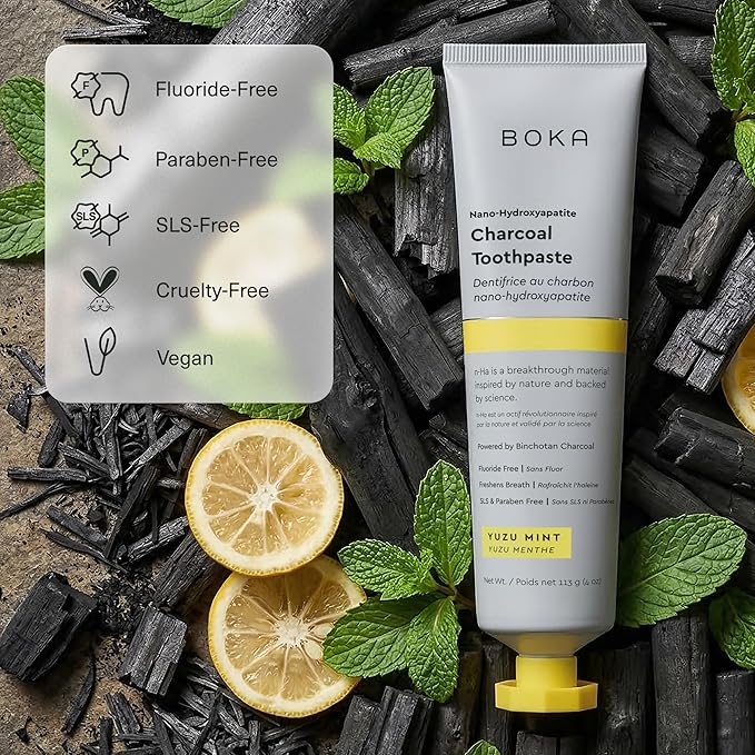 Boka Fluoride Free Toothpaste, Nano Hydroxyapatite Toothpaste, Appropriate for Sensitive Teeth - for Adult Oral Care - Charcoal Yuzu Mint Flavor, 4 Fl Oz 3Pk US Manufactured