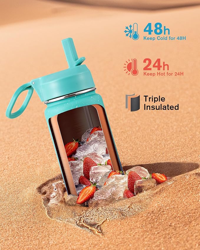 Coolflask Water Bottle 24 oz Insulated with Straw, Stainless Steel Metal 3 Lids Water Flask Wide Mouth for Sports or Office, Non-BPA Keep Cold Up to 48 Hrs or Hot Up to 24 Hrs, Glacier Blue