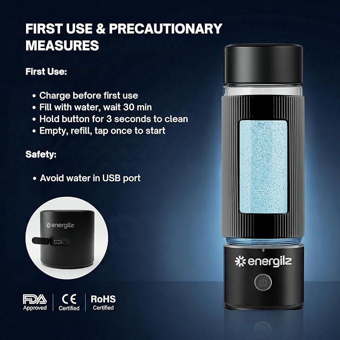 Hydrogen Water Bottle | Large 16.2 oz (480 ml) Hydrogen Water Bottle Generator 3000ppb | Hydrogenator Machine | SPE/PEM Hydrogenated Ionizer Generator (Black w/Gray)