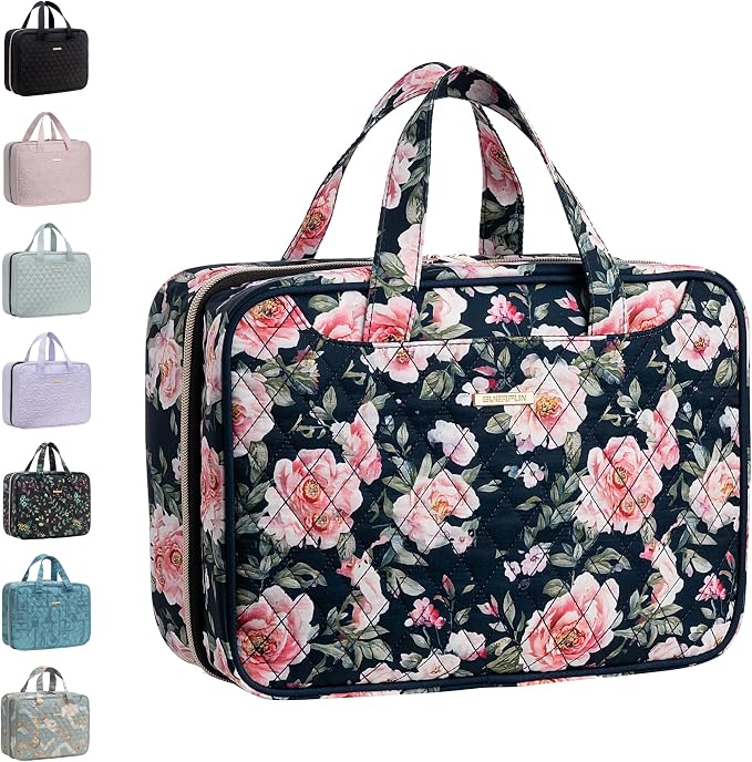 Everfun Travel Toiletry Bag with Hanging Hook and Leakproof Wet/Dry Compartments, Large Capacity Makeup Cosmetic Organizer for Women, 12x9x4.5 Inch, Black Floral
