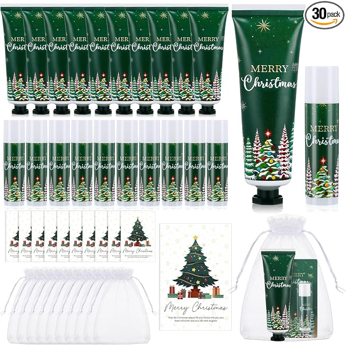 30 Sets Christmas Hand Cream and Lip Balm Bulk Mini Travel Size Hand Lotion and Moisturizing Lip Balm for Christmas Stocking Stuffers Holiday Gifts Xmas Party Favors