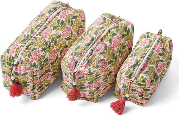 Saffron Marigold Quilted Makeup Bag Set of 3, Hand Block Printed Cotton Cosmetic Bags for Women, Waterproof Lined Travel Toiletry Bag, Coquette Aesthetic, Handmade Gift, Madagascar Periwinkle Vanilla