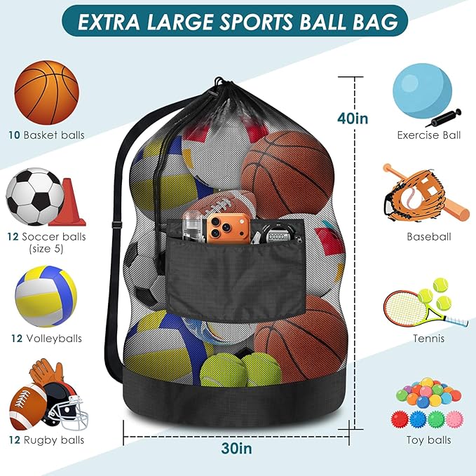 BROTOU Extra Large Soccer Ball Net Bag, 40" x 30" Drawstring Mesh Ball Bag with Zipper Pocket, Sports Equipment Bag for Gym, Cloth, Beach, Swimming Gears