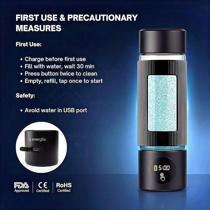 Hydrogen Water Bottle | 16.2 oz (480 ml) Hydrogen Water Generator | 6000 PPB Hydrogenator Machine | SPE/PEM Ionizer Generator (Black)